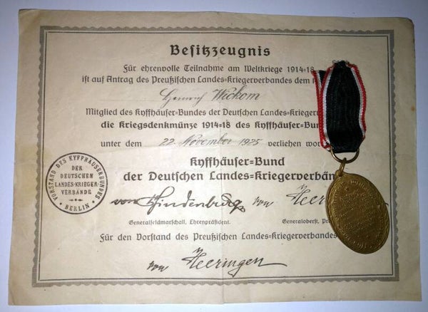 Diplome avec médaille anciens combattants allemand prussien 14/18 ww1