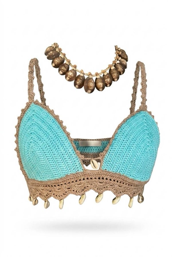 Top femme coquillages turquoise et marron