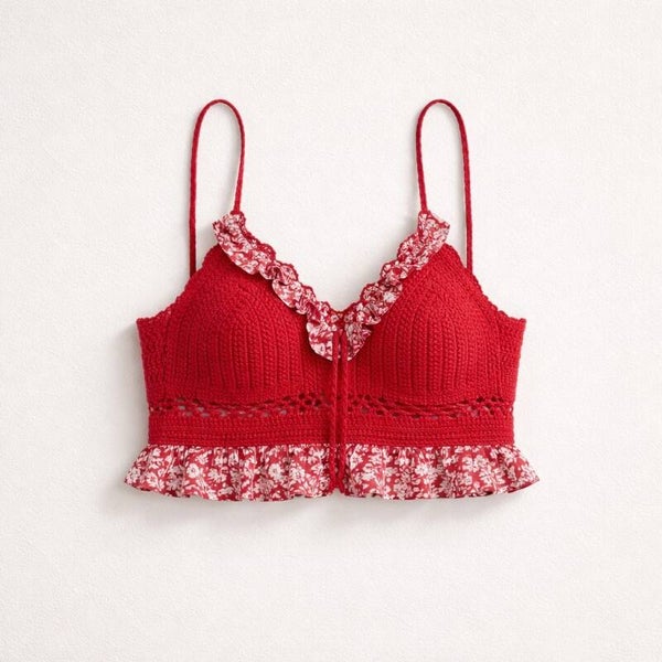 Top femme rouge brillant à volants