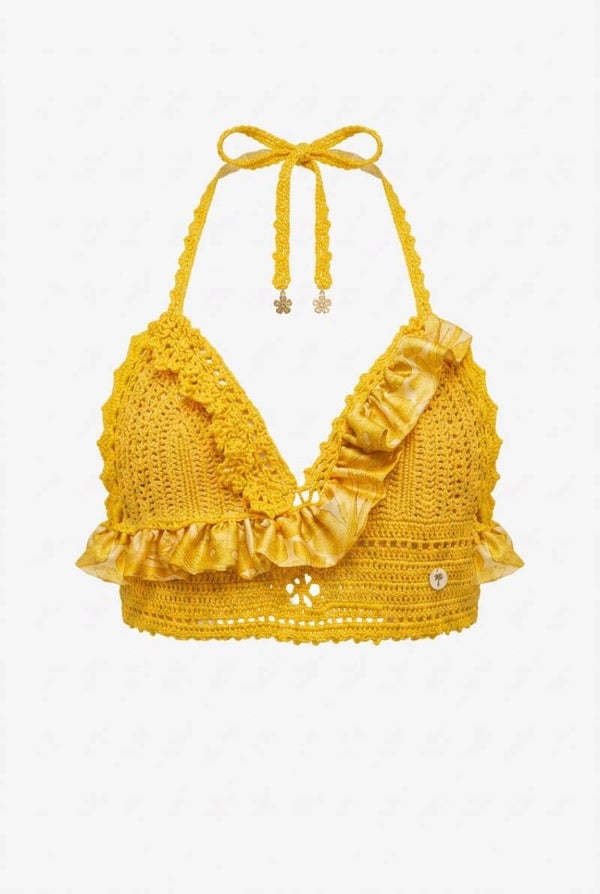 Croq top jaune à volants satin de soie