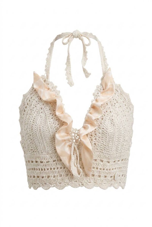 Top écru pailleté doré et satin de soie