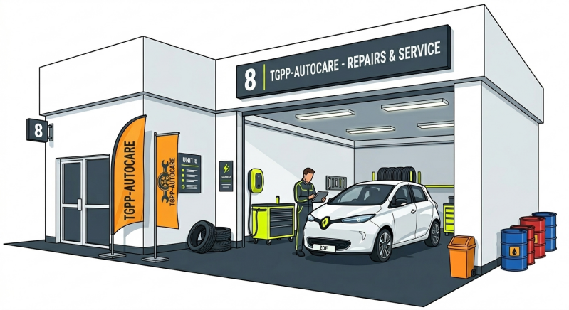 Renault Zoe electric car undergoing specialist EV maintenance at TGPP Autocare Unit 8 workshop in Stevenage