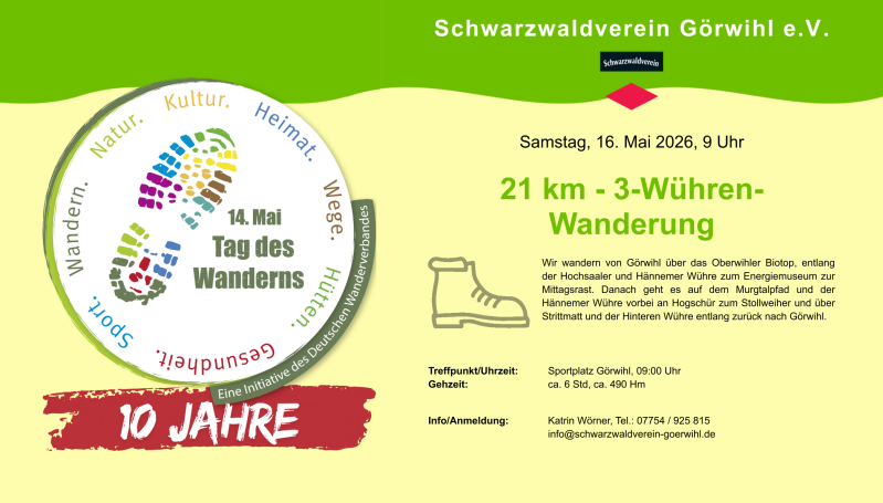 Samstag, 16. Mai 2026 21 km - 3-Wühren-Wanderung