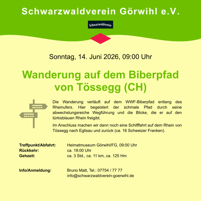 Sonntag, 14. Juni 2026, Wanderung auf dem Biberpfad von Tössegg (CH)