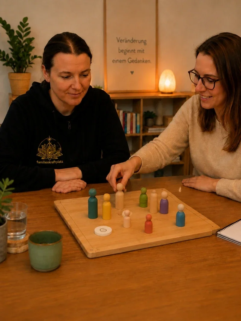 Zwei Frauen bei einer systemischen Aufstellung mit Figuren auf einem Systembrett.
