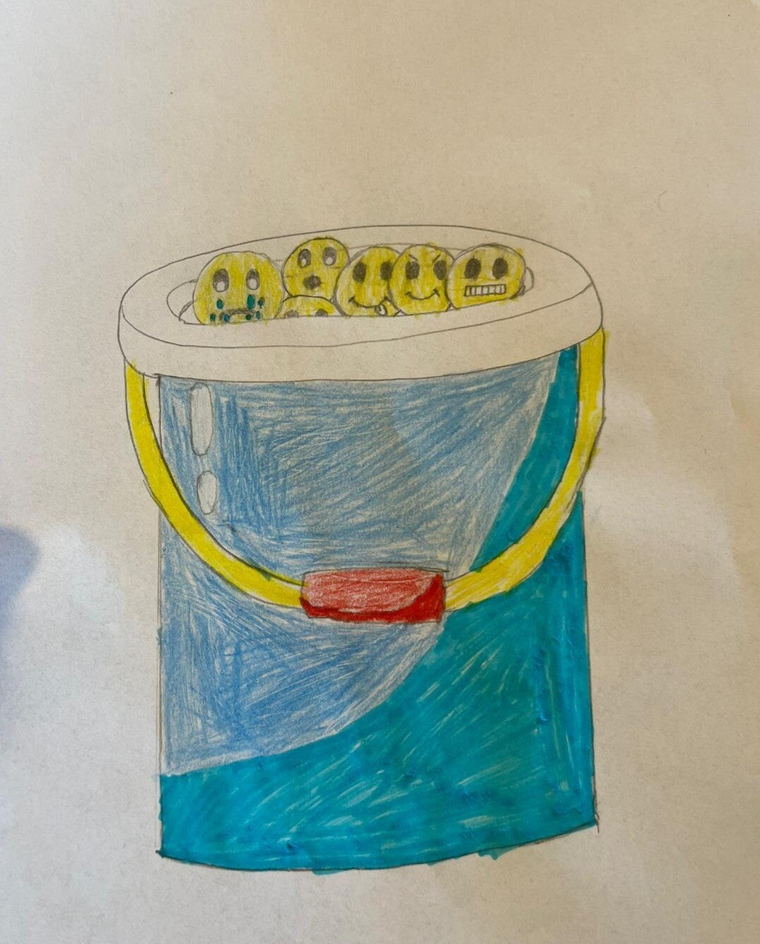 Een emmer met emoticons getekent