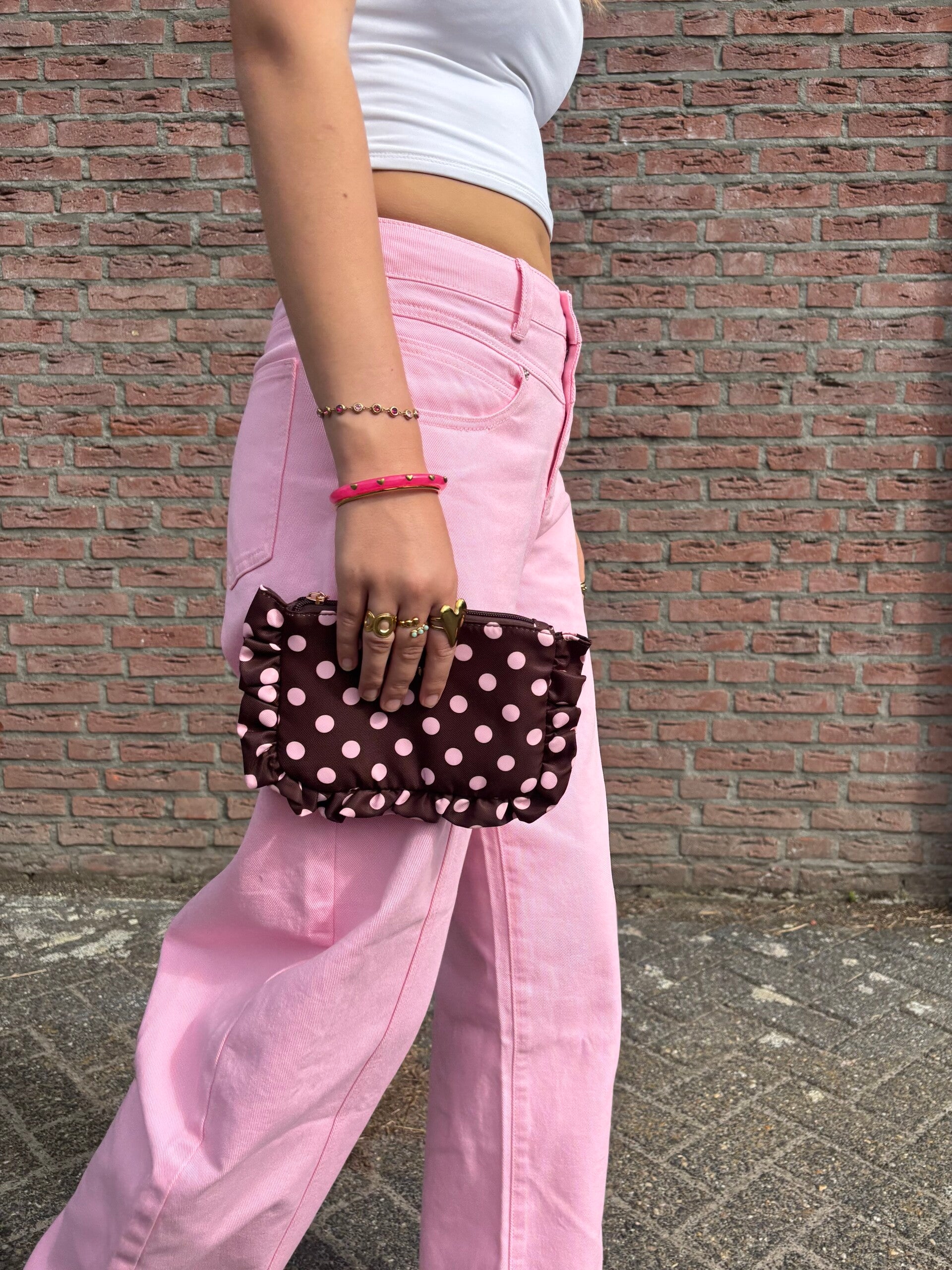 Ruffle make-up bag Polkadot bruin