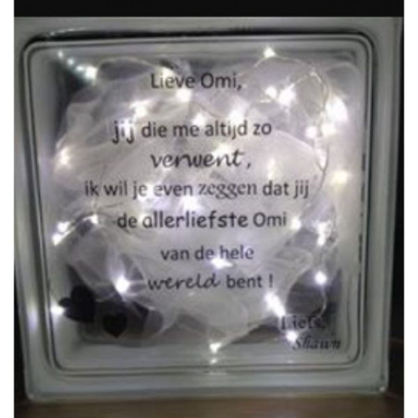 Glasblok met tekst Oma, opa, papa of mama