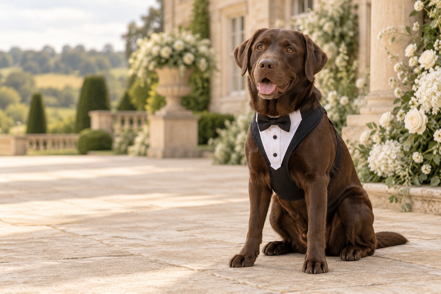 Chocolate Labrador in a tuxedo-style harness at a country wedding