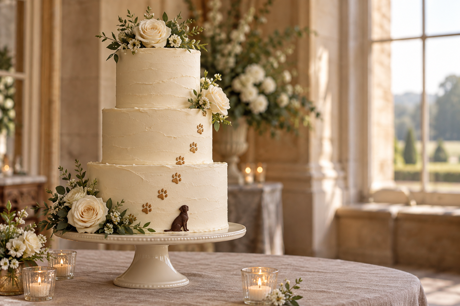 Ivory wedding cake decorated with gold paw prints and a small chocolate Labrador detail