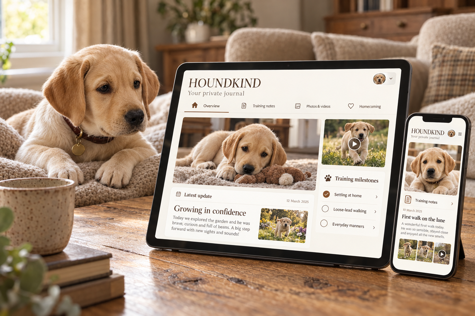 Houndkind private digital Journal preview on a tablet and phone, showing puppy photographs, video updates and training milestones