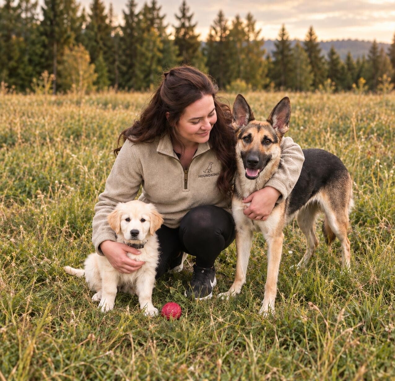 Francesca with a golden retriever puppy and a German Shepherd in a countryside field