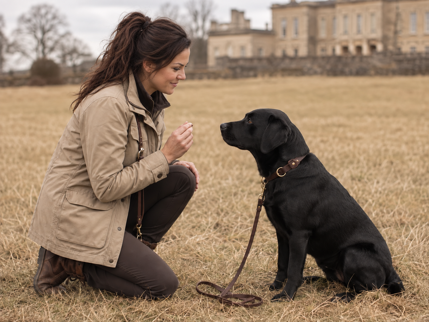 Francesca working with a black Labrador in a countryside training scene