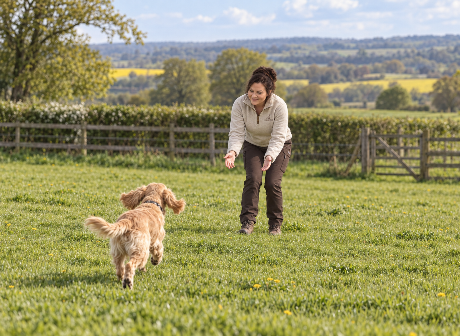 Illustrative scene of recall training with a Cocker Spaniel in a field