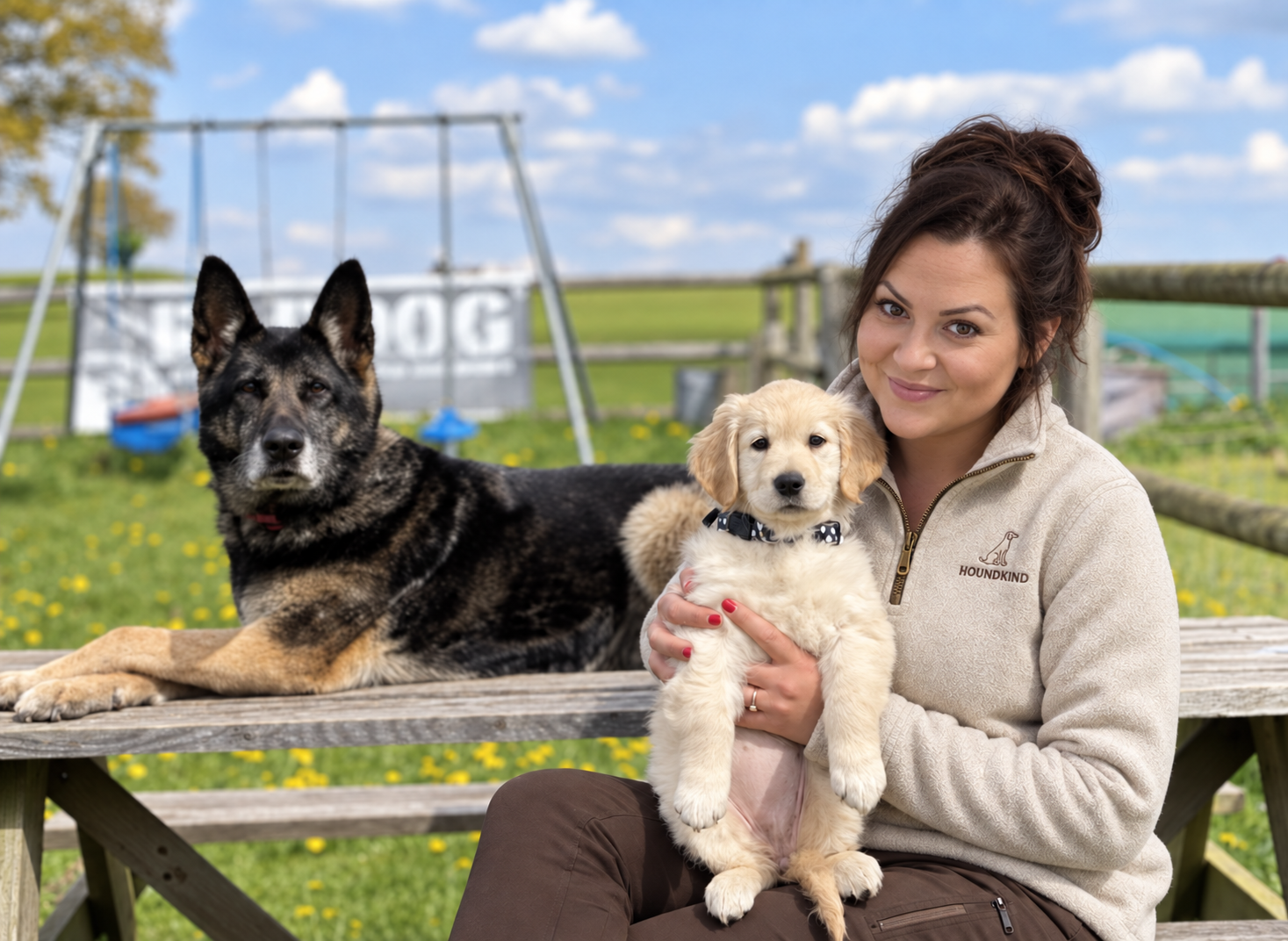 Francesca seated with a Golden Retriever puppy and a German Shepherd