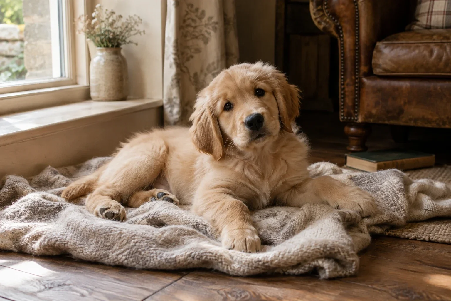 Golden Retriever puppy resting by a window