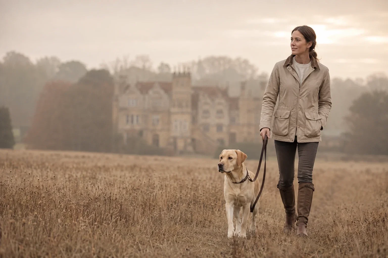 A trainer walking with a Labrador in the countryside