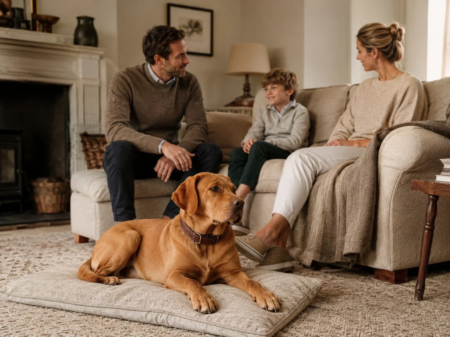 A family and their dog together at home