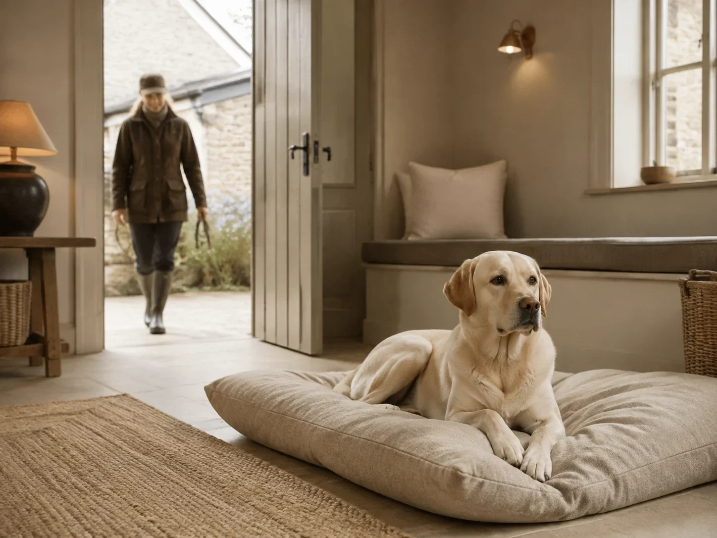 An adult dog resting in a country home
