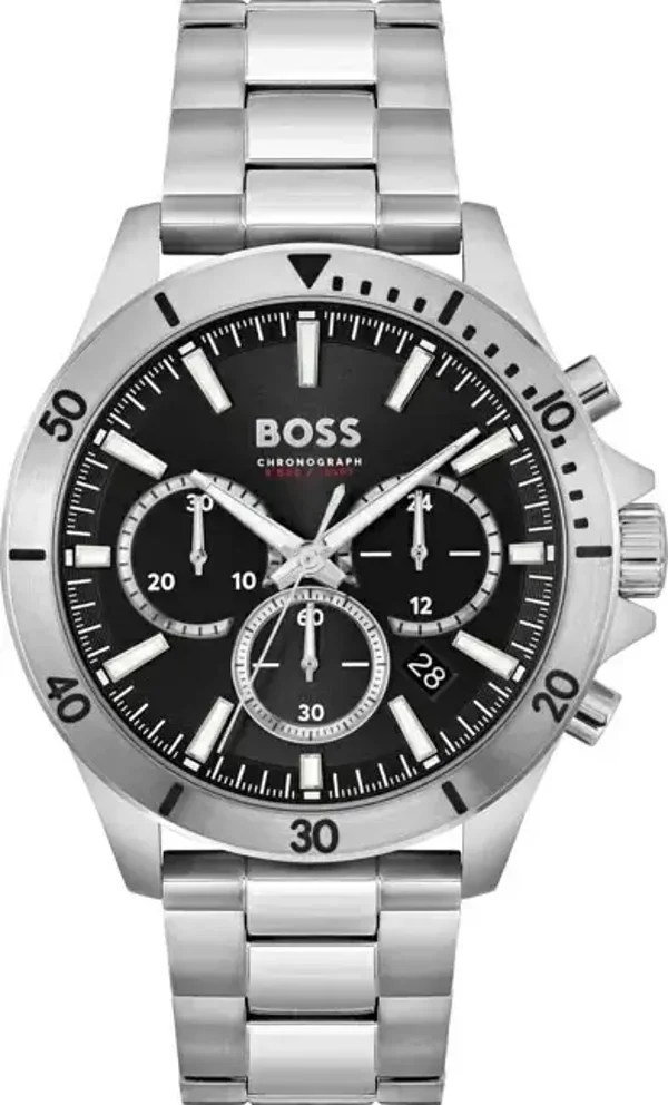 Montre homme Hugo Boss Troper 1514057, bracelet en acier argenté, cadran noir, multifonction