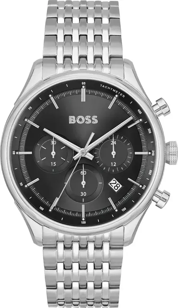 Montre homme Hugo Boss Gregor 1514082, bracelet en acier argenté, cadran noir, multifonction