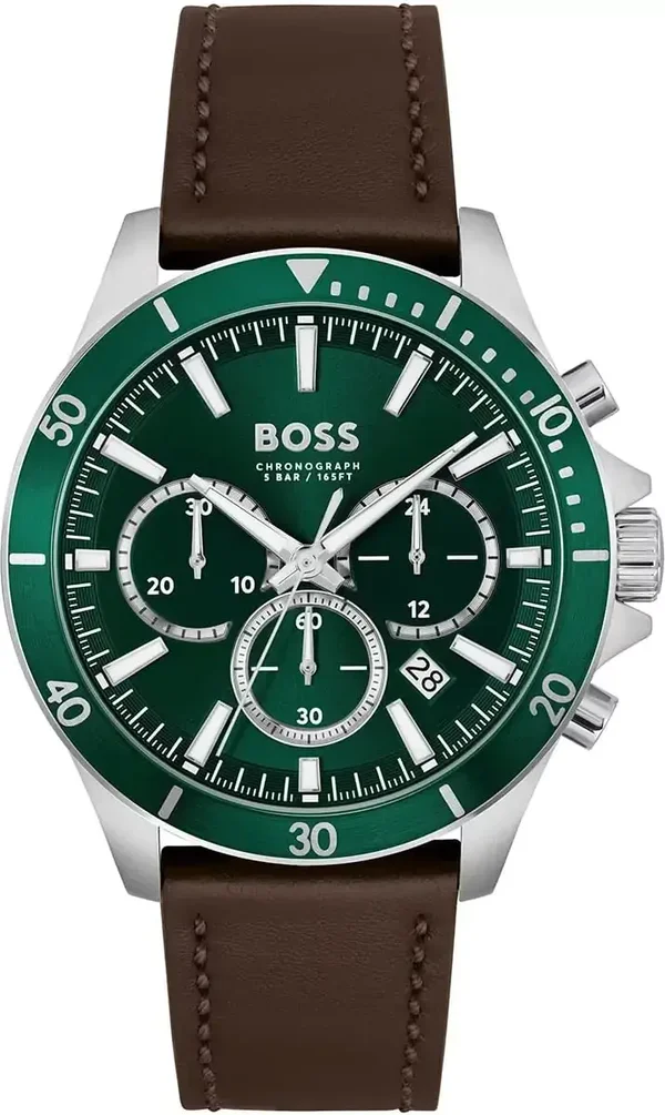 Montre homme Hugo Boss Troper 1514098, bracelet en cuir marron, cadran vert, multifonction