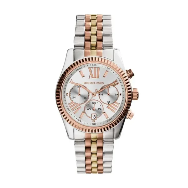 Montre Michael Kors Lexington Acier Bicolore Ronde Chronographe 38mm Fond Argenté Bracelet Acier Tricolore Mk5735