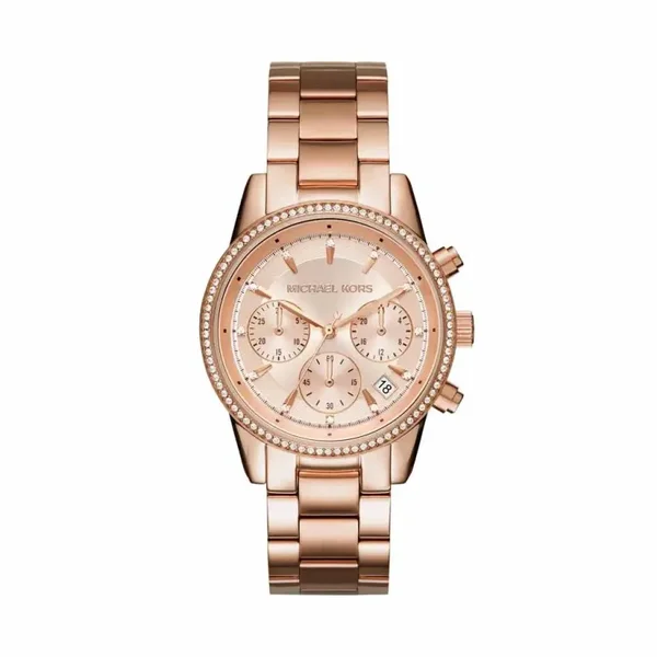 Montre Michael Kors Ritz Acier Dore Ronde Quartz Chronographe 37mm Fond Rose Bracelet Acier Rose Mk6357