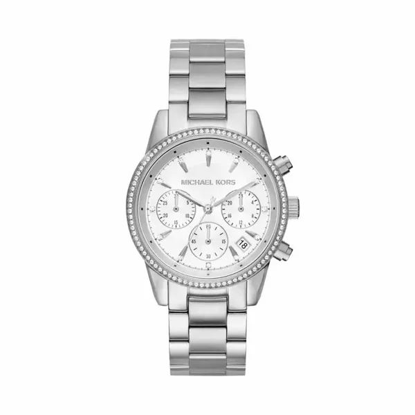 Montre Michael Kors Ritz Acier Blanc Ronde Quartz Chronographe 37mm Fond Argente Bracelet Acier Blanc Mk6428