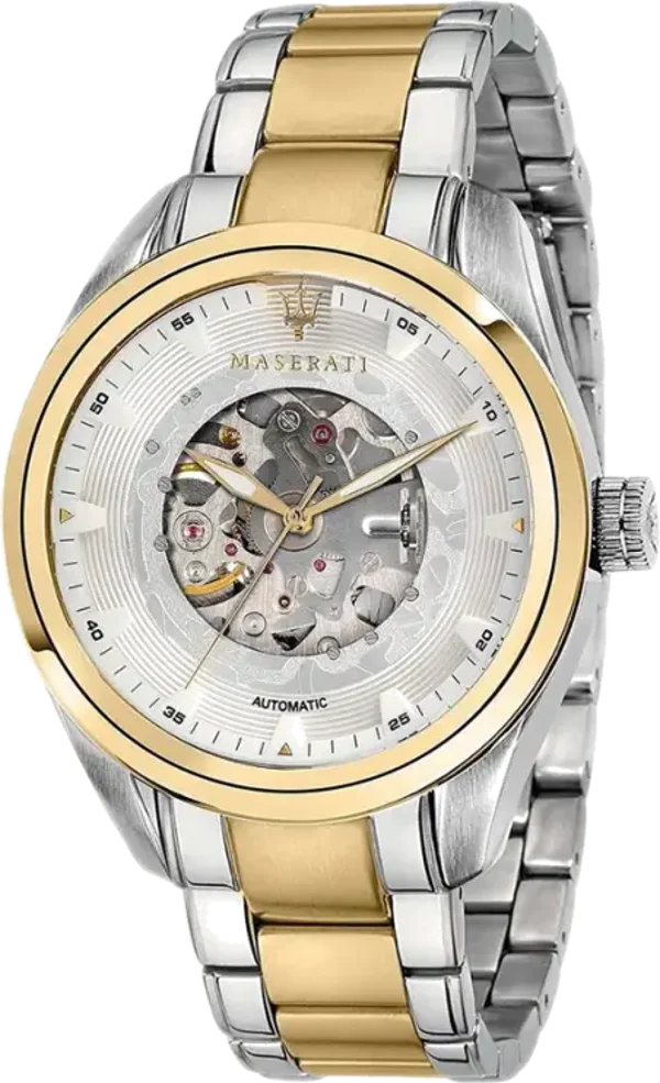 Montre Homme Maserati Traguardo R8823112003 Squelette automatique Cadran argenté Bracelet en acier inoxydable bicolore