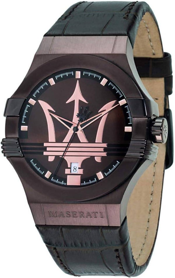 Montre Homme Maserati, Collection Potenza, Mouvement à Quartz, à Trois Aiguilles avec Date, en Acier, PVD Marrone et Cuir - R8851108011