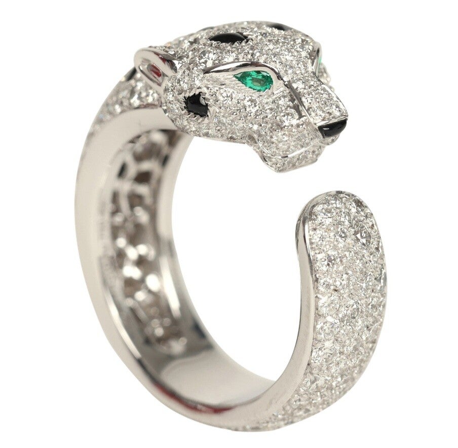 Cartier Panthere De Cartier Medium Half-Pave Ring Onyx & Diamonds 18K White Gold Hardware