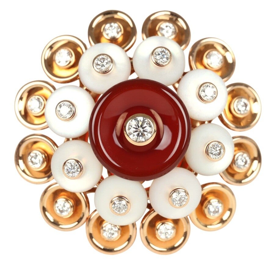 Van Cleef & Arpels Bouton D'or Ring Carnelian, Mother Of Pearl 18K Rose Gold Hardware & Diamonds
