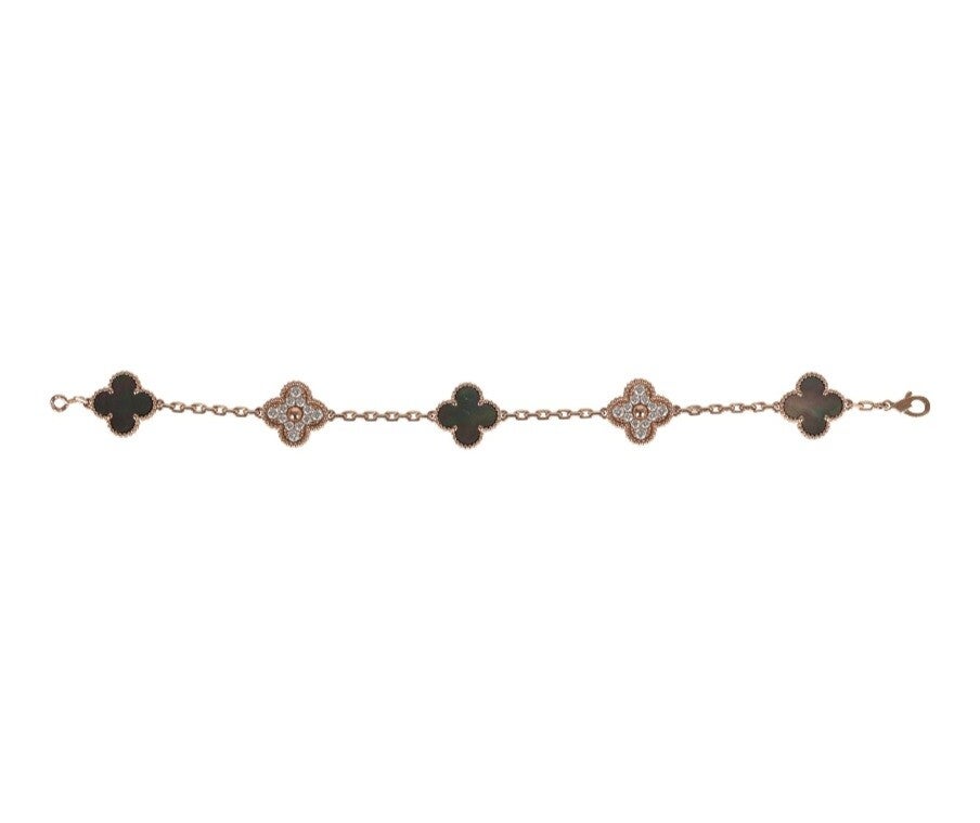 Van Cleef & Arpels Vintage Alhambra 5 Motif Bracelet Mother of Pearl Diamonds & 18K Rose Gold Hardware