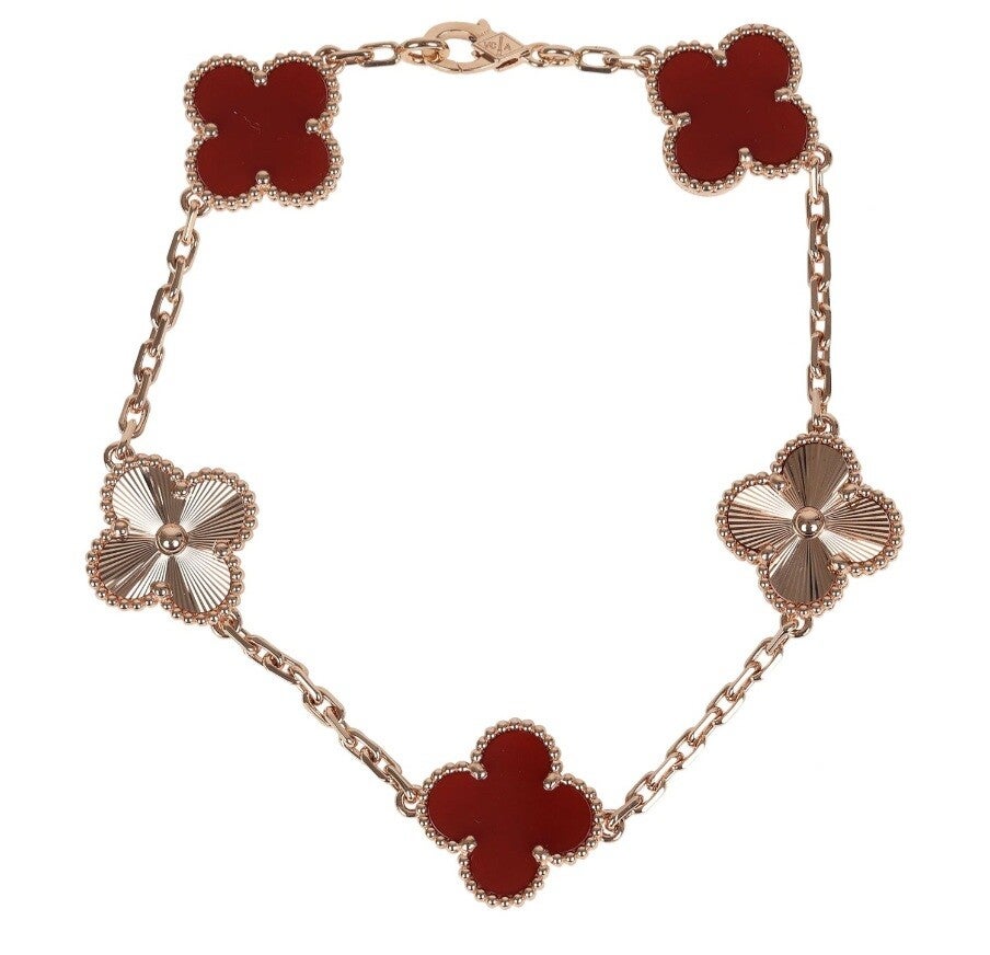 Van Cleef & Arpels Vintage Alhambra 5 Motif Bracelet Carnelian Guilloche 18K Rose Gold Hardware