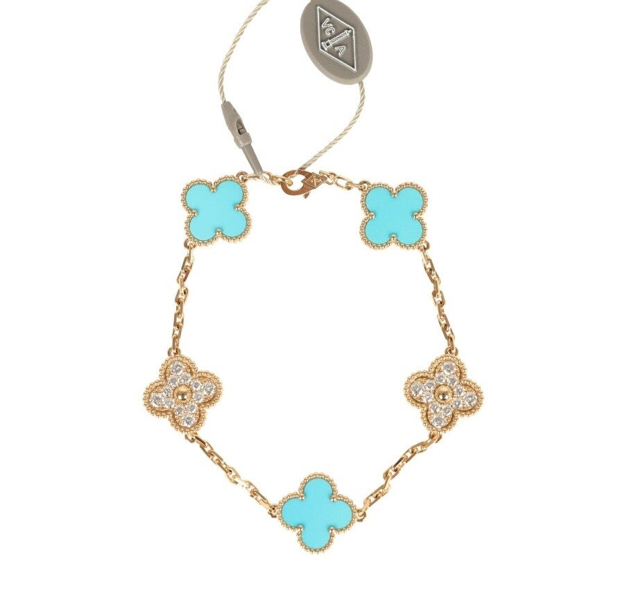 Van Cleef & Arpels Vintage Alhambra 5 Motif Bracelet Turquoise Diamonds & 18K Yellow Gold Hardware