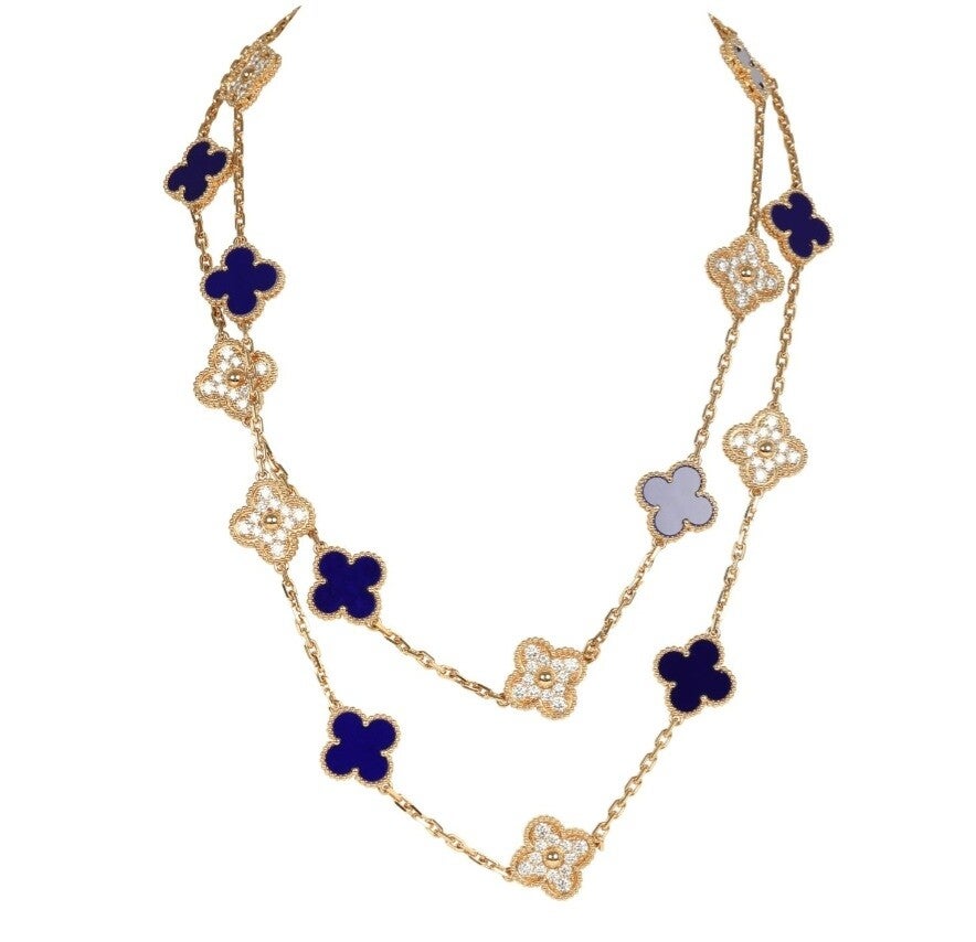 Van Cleef & Arpels "Vendome" Vintage Alhambra 20 Motif Long Necklace Blue Sevres Porcelain 18K Yellow Gold Hardware & Diamonds