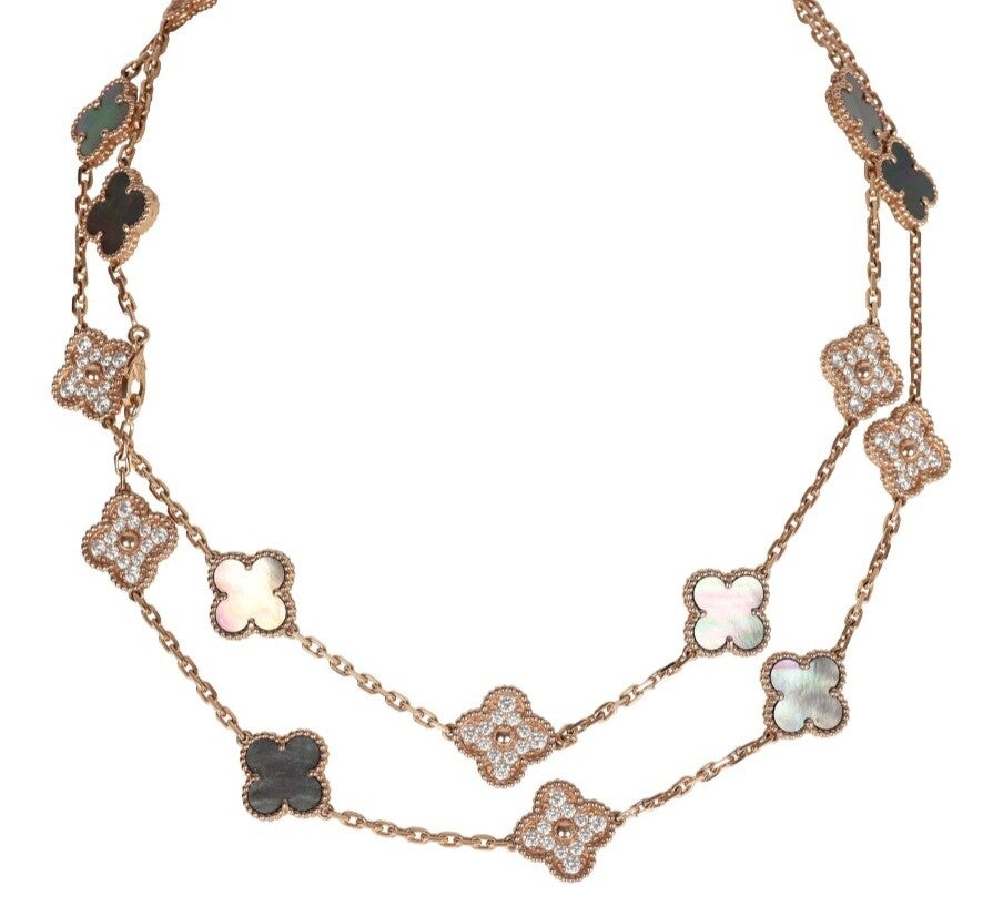 Van Cleef & Arpels Vintage Alhambra 20 Motif Long Necklace Mother of Pearl Diamonds and 18K Rose Gold Hardware