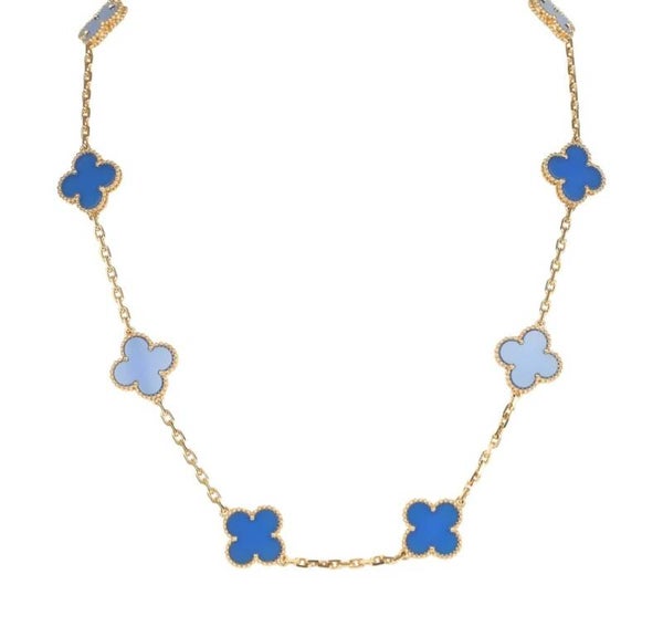 Van Cleef & Arpels Vintage Alhambra 10 Motif Necklace Blue Agate 18K Yellow Gold Hardware