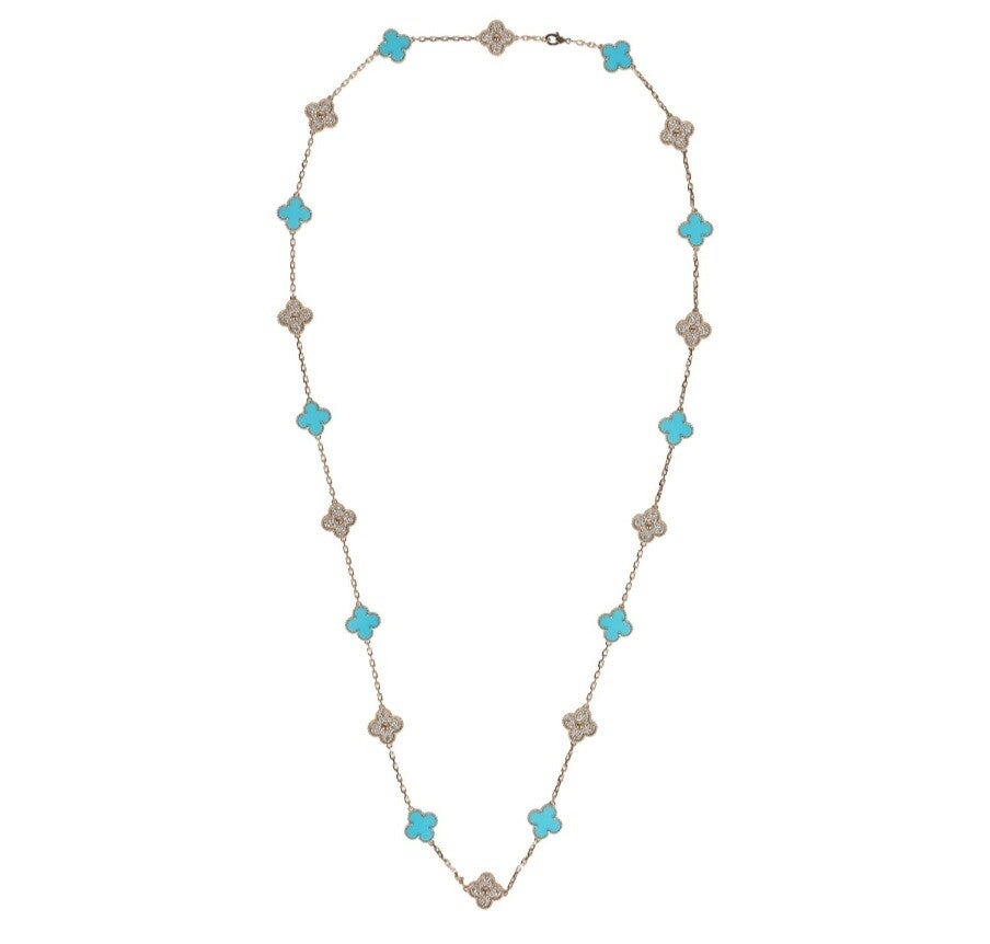 Van Cleef & Arpels Vintage Alhambra 20 Motif Necklace Turquoise Diamonds & Yellow 18K Gold Hardware