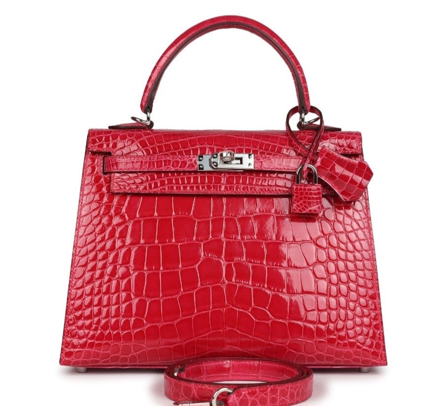 Hermes Kelly Sellier 25 Rose Extreme Shiny Alligator Palladium Hardware