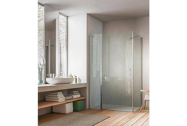 Eck-Duschkabine Eloa 2.0, 1 Drehtür mit Glas-Fixteil und Stabilisierungsstange, 1 Seitenwand mit Stabilisierungsstange