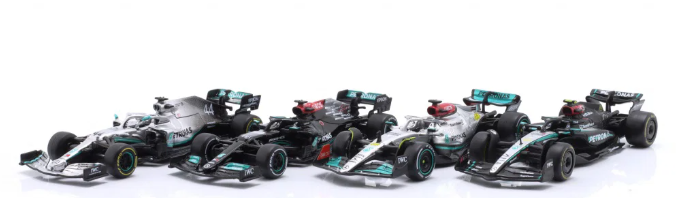 4-Car Set Hamilton #44 & Russell #63 Mercedes W14 (F1 2023, 1:43, Bburago)
