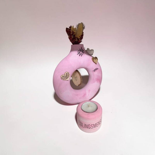 Handgemachtes Raysin Deko-Set „Lieblingsmensch“ – Runde Vase mit Trockenblumen & Teelichthalter in Rosa-Marmoriert