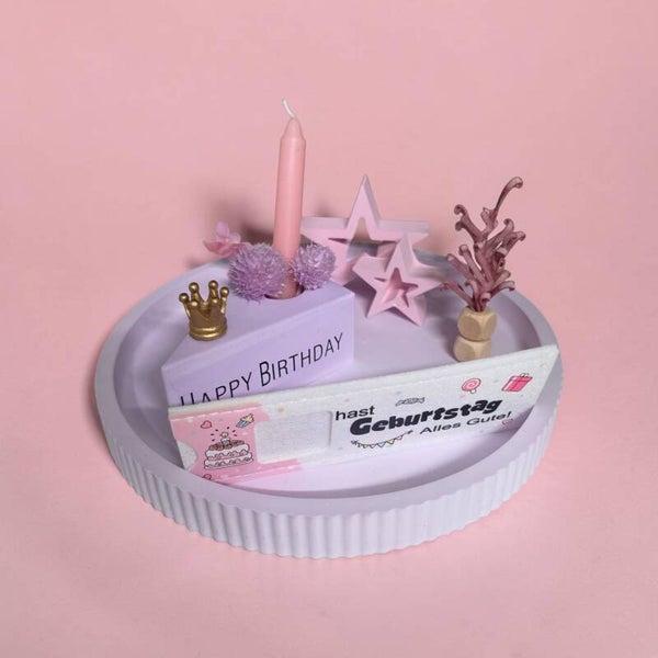 Handgemachtes Geburtstags-Set aus Raysin mit Kerzenhalter & Geldgeschenk-Halterung – Lila/Rosa