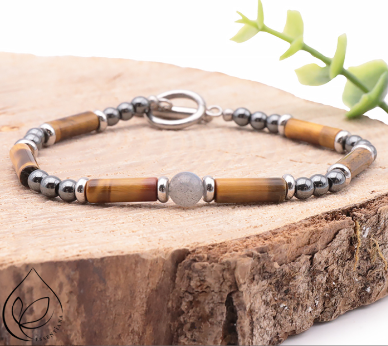 Bracelet Légende Argenté Labradorite , Œil de tigre , Hématite A , Collection ESSENTIANA