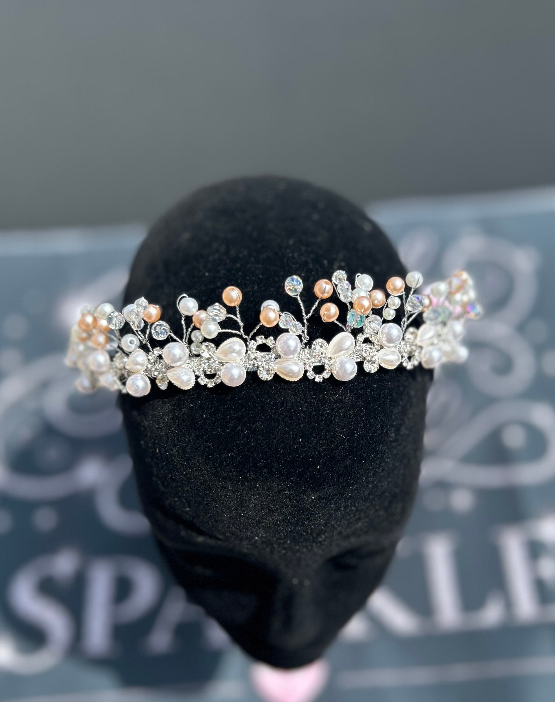 Silver and peach beaded tiara
