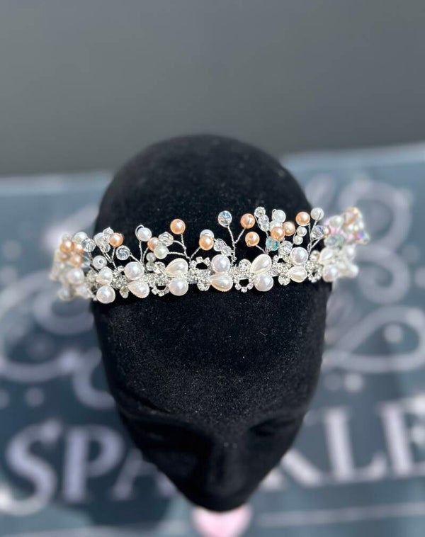 Silver and peach beaded tiara