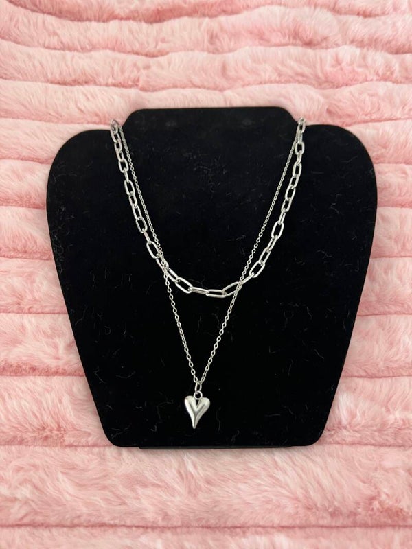 Zilverkleurige dubbele ketting met hartje