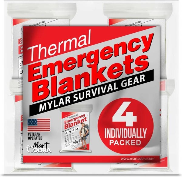 Emergency Blanket 4-Pack Space Mylar Blankets Survival Gear and Supplies Reusable Thermal Camping Hunting Essentials First Aid Car Backpacking Marathon Kit Prepper Go Rave Bug Out Bag Foil Cold Winter Visit the Mart Cobra Store